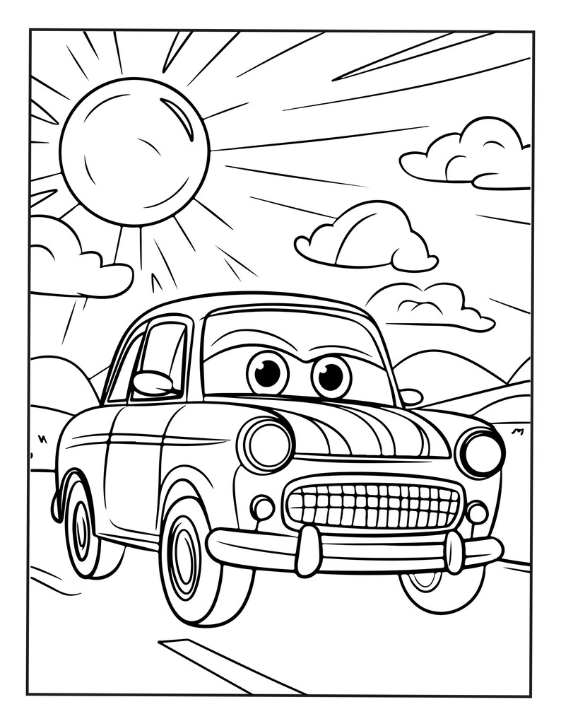 Puede incluir: Una p&aacute;gina para colorear en blanco y negro que muestra un coche de dibujos animados con grandes ojos expresivos en el parabrisas. El coche circula por una carretera bajo un sol brillante con rayos y varias nubes esponjosas en el cielo.