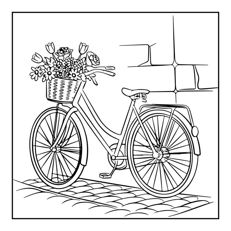 May include: A black and white line art illustration of a bicycle with a wicker basket filled with flowers. The bicycle features a step-through frame, spoked wheels, a rear rack, and pedals. It is positioned on a cobblestone path.