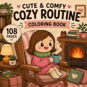 May include: A coloring book titled Cute & Comfy Cozy Routine with 108 pages. The cover features a cartoon illustration of a person sitting in a wooden chair by a fireplace, holding a steaming mug, wearing a pink sweater and green scarf.