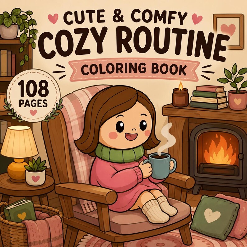 May include: A coloring book titled Cute & Comfy Cozy Routine with 108 pages. The cover features a cartoon illustration of a person sitting in a wooden chair by a fireplace, holding a steaming mug, wearing a pink sweater and green scarf.