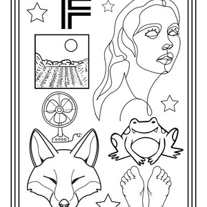 Puede incluir: Una p&aacute;gina para colorear en blanco y negro con la letra F, un retrato de l&iacute;nea de un rostro, un paisaje con sol, un ventilador de escritorio, una cabeza de zorro, una rana, un par de pies y estrellas. Borde de doble l&iacute;nea y el n&uacute;mero 11.