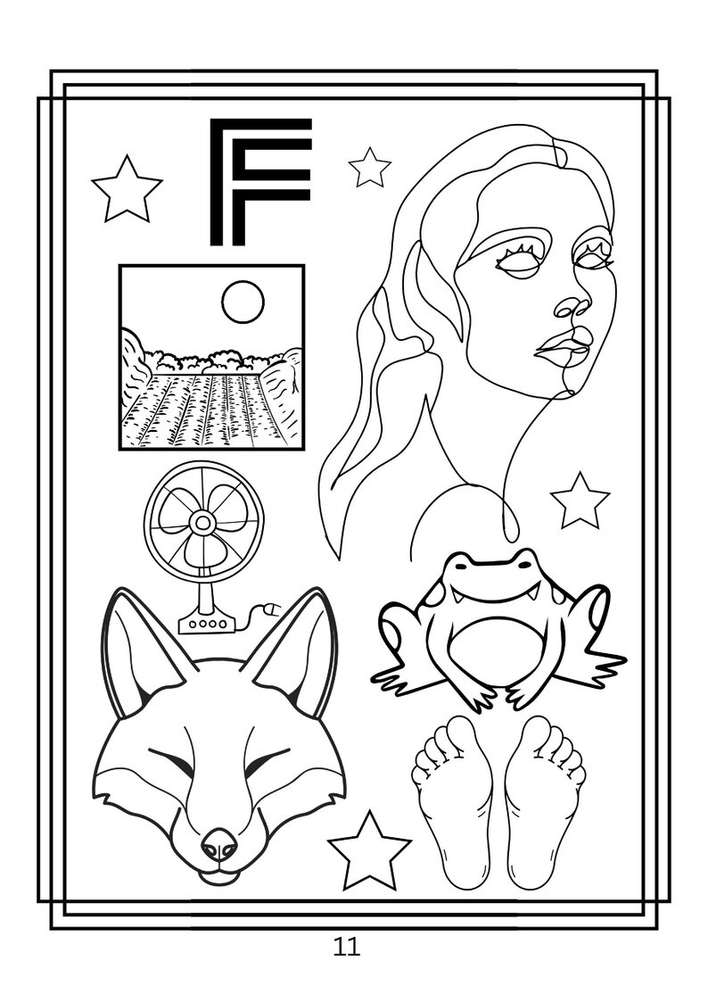 Puede incluir: Una p&aacute;gina para colorear en blanco y negro con la letra F, un retrato de l&iacute;nea de un rostro, un paisaje con sol, un ventilador de escritorio, una cabeza de zorro, una rana, un par de pies y estrellas. Borde de doble l&iacute;nea y el n&uacute;mero 11.