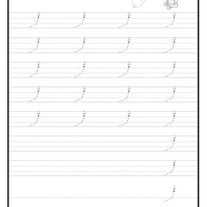 An Urdu alphabet tracing worksheet with dotted practice lines and a small doll illustration in the upper right corner.