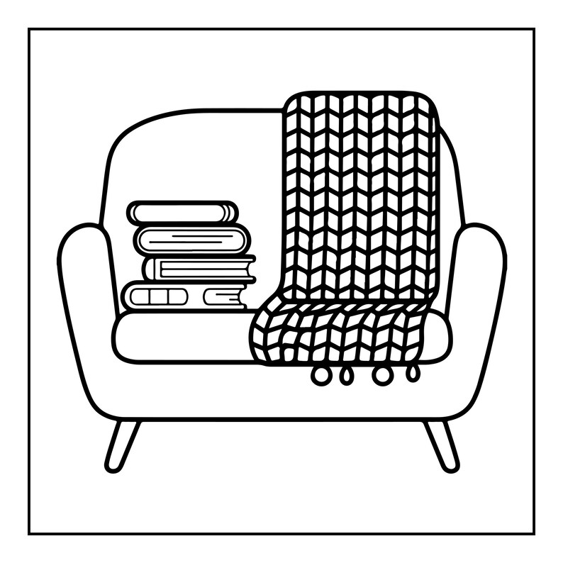 May include: A black and white line art illustration of a sofa featuring a stack of four books on the left side and a draped throw blanket with a repeating chevron pattern and small circular tassels hanging over the right side of the seat.