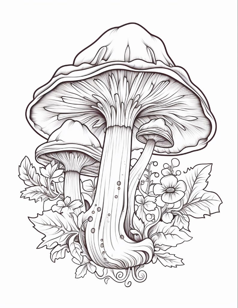 May include: A black and white line art illustration featuring three mushrooms of varying sizes. The central mushroom is the largest, surrounded by smaller mushrooms and detailed foliage including leaves and small flowers at the base.