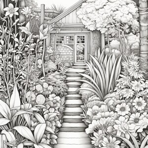 以下が含まれることがあります： 石の階段の先にある小さな小屋を描いた白黒の線画イラスト。このシーンは、道沿いに咲く様々な花、背の高い草、葉の茂った植物など、緻密で密集した植物に囲まれています。