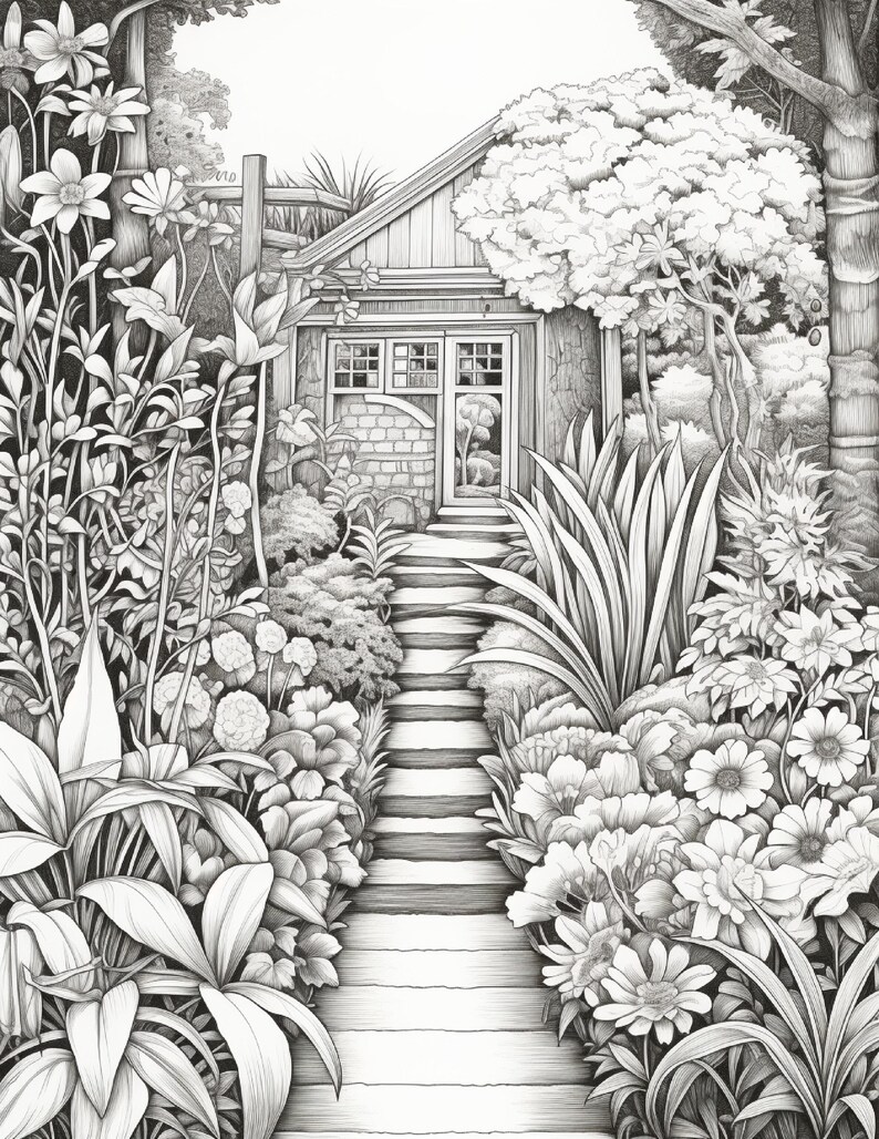 以下が含まれることがあります： 石の階段の先にある小さな小屋を描いた白黒の線画イラスト。このシーンは、道沿いに咲く様々な花、背の高い草、葉の茂った植物など、緻密で密集した植物に囲まれています。
