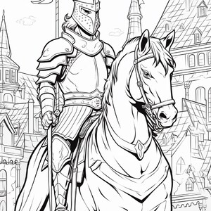Op de afbeelding: Een zwart-wit lijntekening van een ridder in volledig harnas en helm, rijdend op een paard. De ridder houdt een lange stok vast en op de achtergrond is een gedetailleerde middeleeuwse stad met hoge gebouwen en torens te zien.