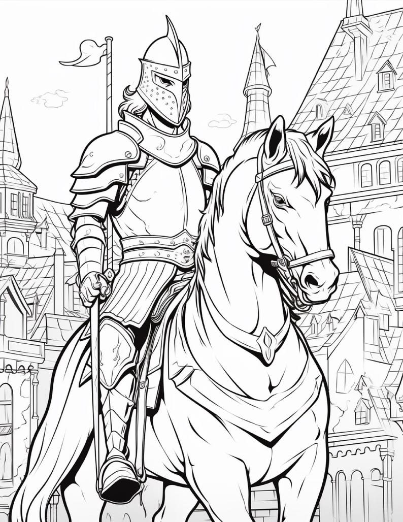 Op de afbeelding: Een zwart-wit lijntekening van een ridder in volledig harnas en helm, rijdend op een paard. De ridder houdt een lange stok vast en op de achtergrond is een gedetailleerde middeleeuwse stad met hoge gebouwen en torens te zien.