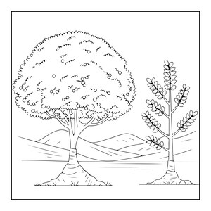 May include: A black and white line art illustration featuring two distinct trees in a landscape. On the left, a large, rounded tree with a dense canopy and small circular fruit. On the right, a slender, younger tree with sparse, oval-shaped leaves.