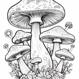 May include: A black and white line art illustration featuring a cluster of mushrooms of varying sizes. The central large mushroom has a wide cap with circular patterns, surrounded by smaller mushrooms and detailed foliage at the base.