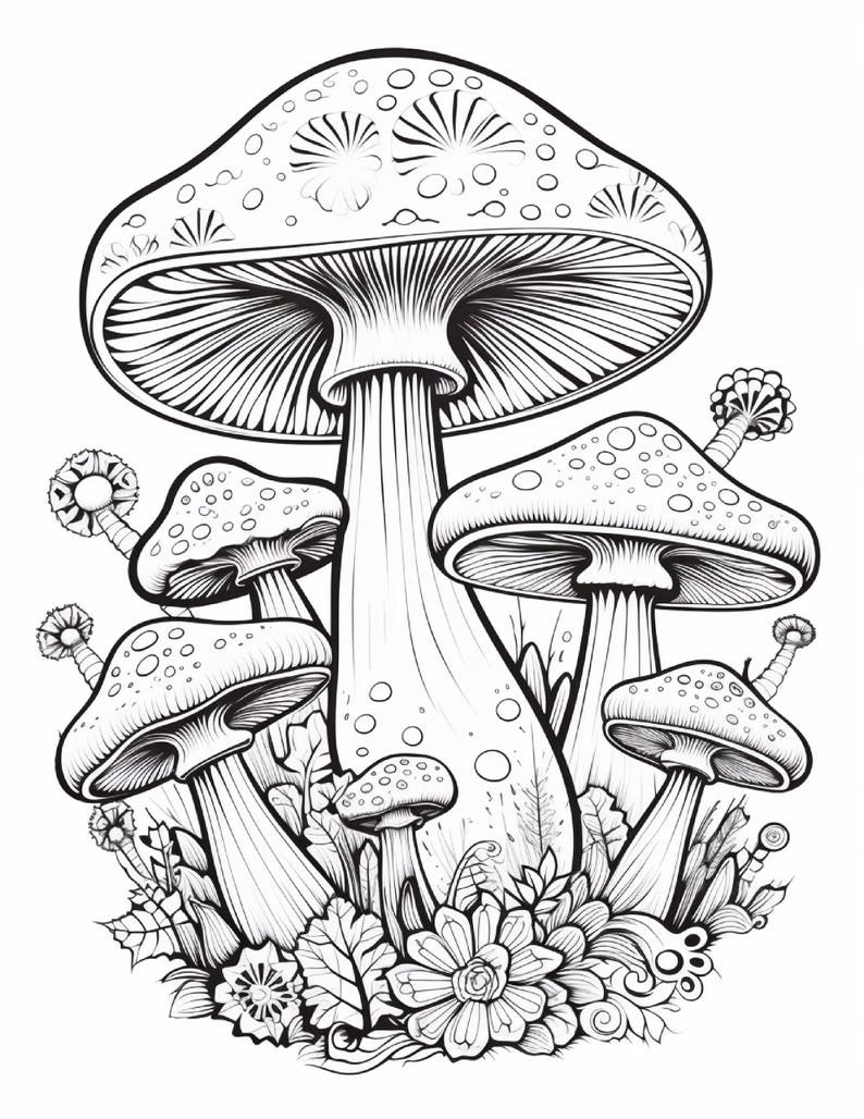 May include: A black and white line art illustration featuring a cluster of mushrooms of varying sizes. The central large mushroom has a wide cap with circular patterns, surrounded by smaller mushrooms and detailed foliage at the base.