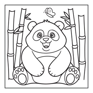 以下が含まれることがあります： 2本の竹の間に座っている笑顔のパンダの白黒線画イラスト。パンダは大きな目、小さな鼻、幸せそうな表情をしています。パンダの頭上中央には小さな蝶が飛んでいます。