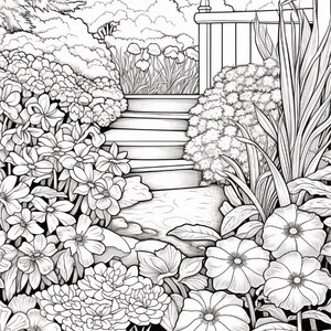 以下が含まれることがあります： 石の階段が上へと続く庭の風景を描いた白黒の線画イラスト。小道は様々な花や葉の茂った低木、背の高い草の密集した群れに囲まれており、背景には木製のフェンスが見える。