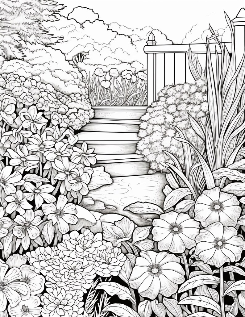 以下が含まれることがあります： 石の階段が上へと続く庭の風景を描いた白黒の線画イラスト。小道は様々な花や葉の茂った低木、背の高い草の密集した群れに囲まれており、背景には木製のフェンスが見える。