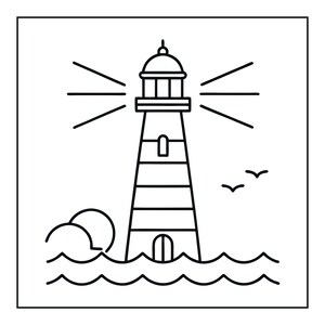 Peut inclure: Une illustration en noir et blanc au trait repr&eacute;sentant un phare dans une mer agit&eacute;e. Le phare pr&eacute;sente une lanterne avec des faisceaux lumineux rayonnants, une porte centrale et des bandes horizontales. Deux oiseaux volent &agrave; proximit&eacute;.