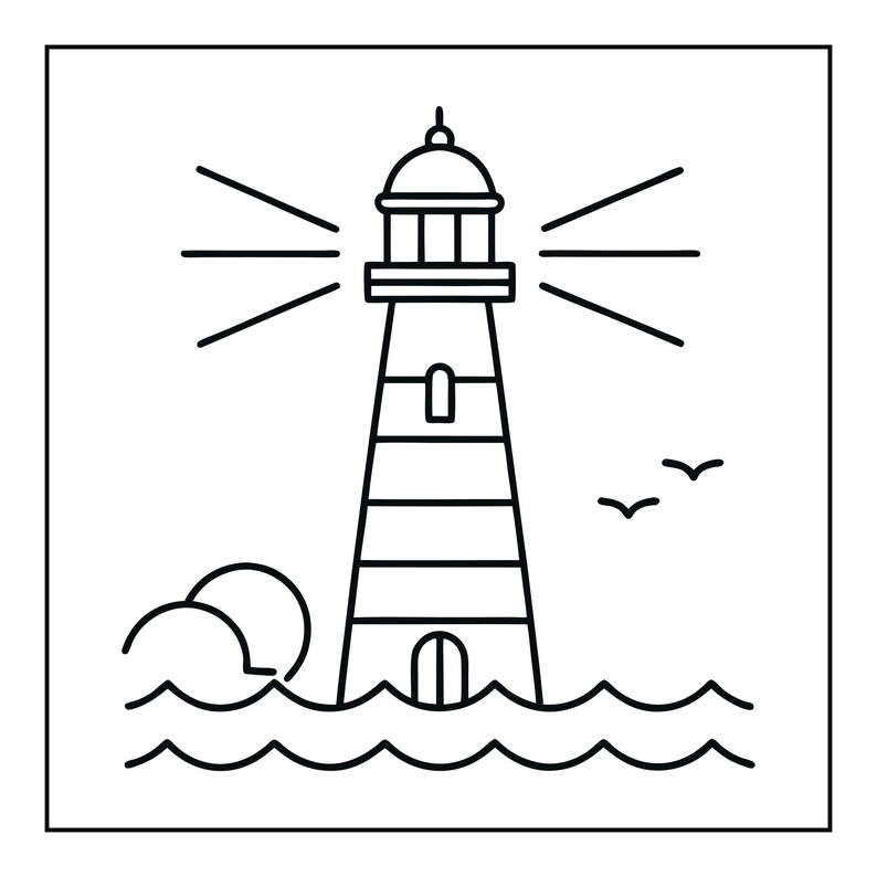 Peut inclure: Une illustration en noir et blanc au trait repr&eacute;sentant un phare dans une mer agit&eacute;e. Le phare pr&eacute;sente une lanterne avec des faisceaux lumineux rayonnants, une porte centrale et des bandes horizontales. Deux oiseaux volent &agrave; proximit&eacute;.
