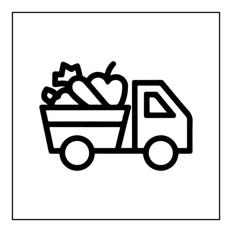 May include: A black and white line art icon of a delivery truck with a cargo bed filled with various fresh produce items including a carrot and an apple. The graphic features bold outlines and a simple, clean design representing food transport.