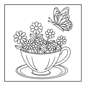 A black and white coloring page featuring a teacup filled with various flowers, with a butterfly flying above them.