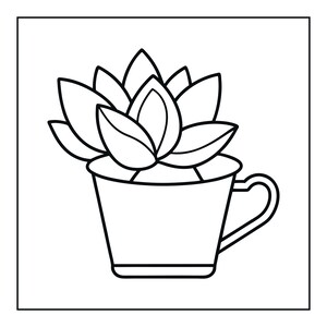 Peut inclure: Une illustration en noir et blanc au trait repr&eacute;sentant une plante succulente en pot dans une petite tasse avec une anse. La succulente pr&eacute;sente plusieurs feuilles &eacute;paisses et pointues dispos&eacute;es en rosette, tandis que la tasse a un design simple.