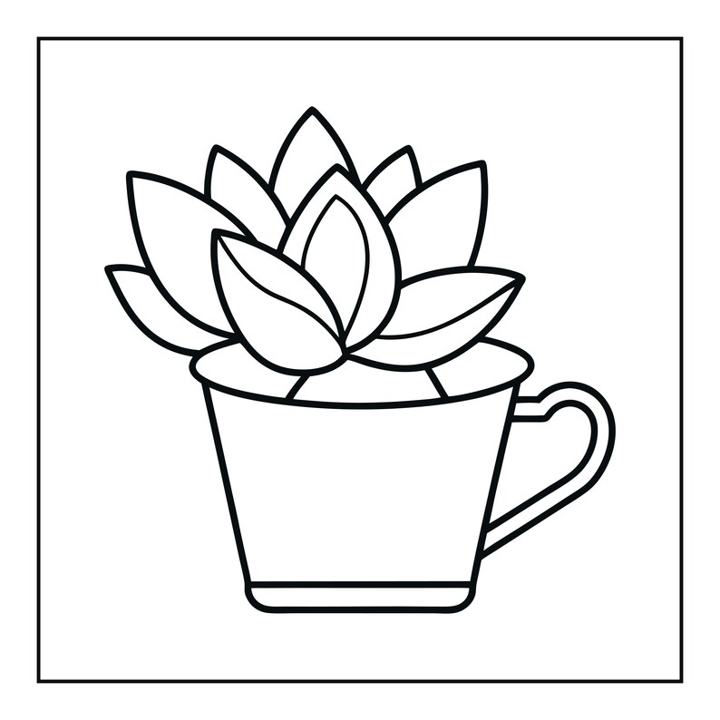 Peut inclure: Une illustration en noir et blanc au trait repr&eacute;sentant une plante succulente en pot dans une petite tasse avec une anse. La succulente pr&eacute;sente plusieurs feuilles &eacute;paisses et pointues dispos&eacute;es en rosette, tandis que la tasse a un design simple.