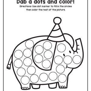 A black and white printable coloring worksheet featuring an elephant wearing a party hat with blank circles for dot markers.