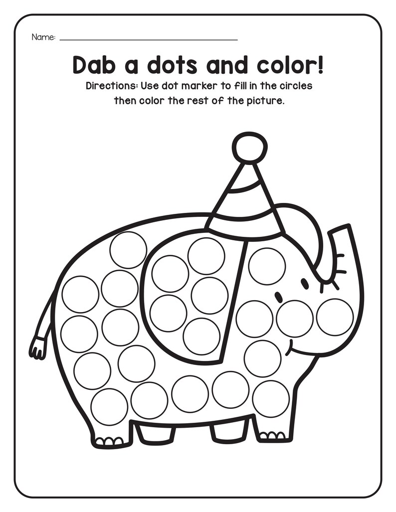 A black and white printable coloring worksheet featuring an elephant wearing a party hat with blank circles for dot markers.