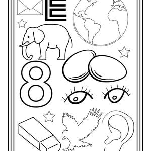 Puede incluir: Una p&aacute;gina para colorear en blanco y negro con la letra E, un sobre, un globo terr&aacute;queo, un elefante, el n&uacute;mero 8, dos huevos, un par de ojos, una estrella, una goma de borrar, un &aacute;guila y una oreja. La p&aacute;gina tiene un borde doble y el n&uacute;mero 9.