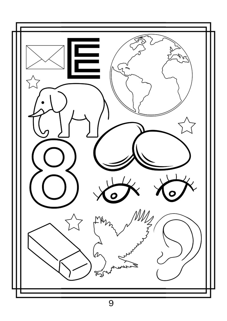 Puede incluir: Una p&aacute;gina para colorear en blanco y negro con la letra E, un sobre, un globo terr&aacute;queo, un elefante, el n&uacute;mero 8, dos huevos, un par de ojos, una estrella, una goma de borrar, un &aacute;guila y una oreja. La p&aacute;gina tiene un borde doble y el n&uacute;mero 9.