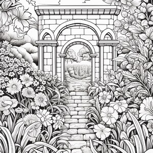 以下が含まれることがあります： 石造りのアーチと石畳の小道を描いた白黒の線画イラスト。アーチの両側には様々な花や葉が密集しており、アーチ越しに木々が見える風景が描かれています。