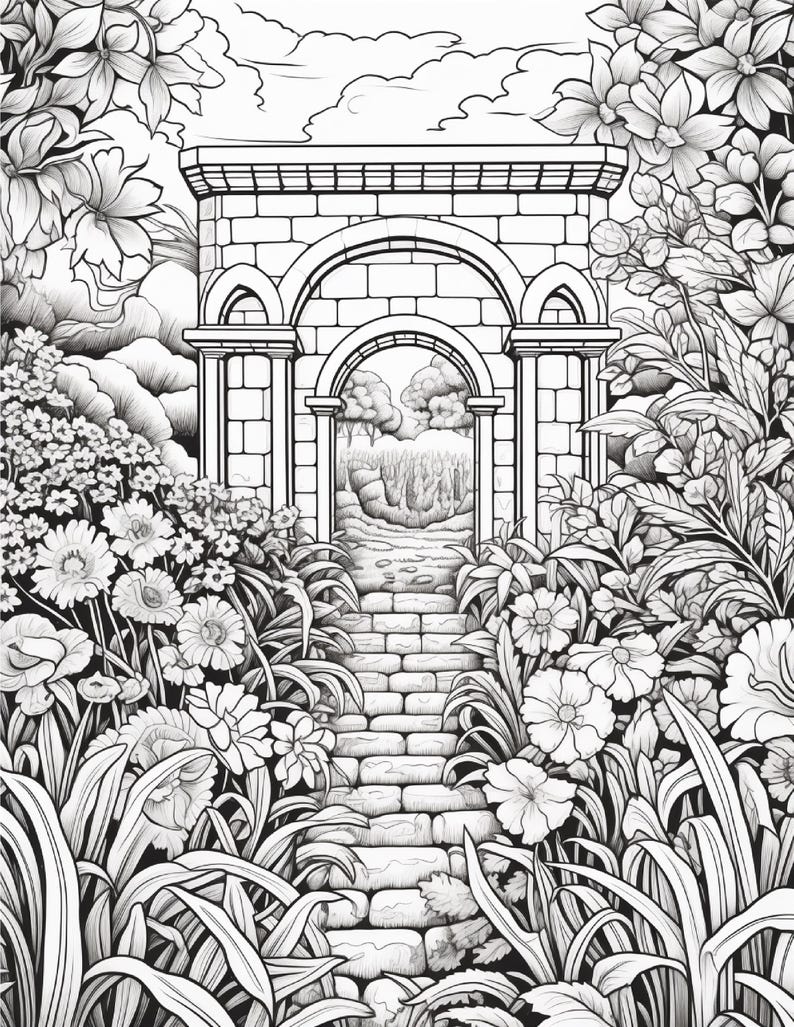 以下が含まれることがあります： 石造りのアーチと石畳の小道を描いた白黒の線画イラスト。アーチの両側には様々な花や葉が密集しており、アーチ越しに木々が見える風景が描かれています。