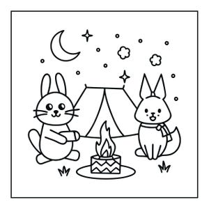 May include: A black and white line art illustration featuring a rabbit and a fox sitting by a campfire in front of a tent. The scene includes a crescent moon, stars, and small tufts of grass, presented in a simple, clean, and bold graphic style.