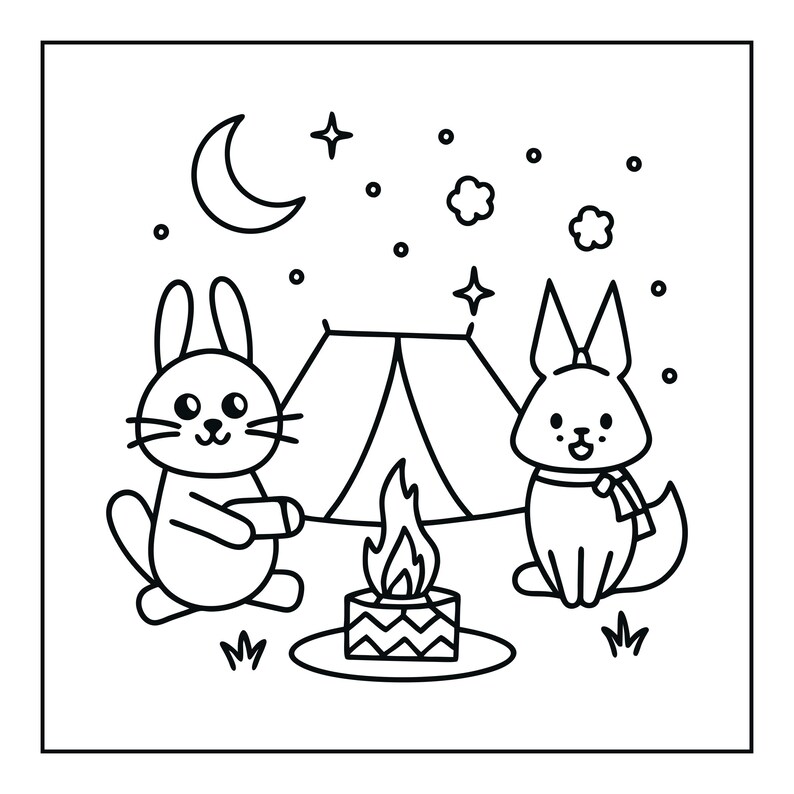 May include: A black and white line art illustration featuring a rabbit and a fox sitting by a campfire in front of a tent. The scene includes a crescent moon, stars, and small tufts of grass, presented in a simple, clean, and bold graphic style.