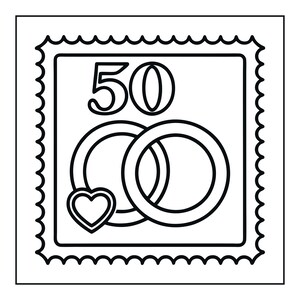 May include: A black and white square stamp design featuring the number 50 at the top, two interlocking rings in the centre, and a small heart icon positioned at the bottom left of the rings, all enclosed within a scalloped border frame.
