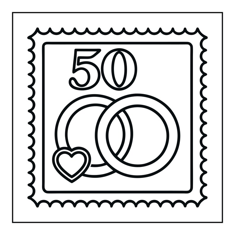 May include: A black and white square stamp design featuring the number 50 at the top, two interlocking rings in the centre, and a small heart icon positioned at the bottom left of the rings, all enclosed within a scalloped border frame.
