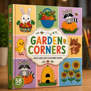 A colorful coloring book cover titled "Garden Corners Bold and Easy Coloring Book" featuring cartoon animals like a rabbit, raccoon, and squirrel, with "58 PAGES" on the bottom left.