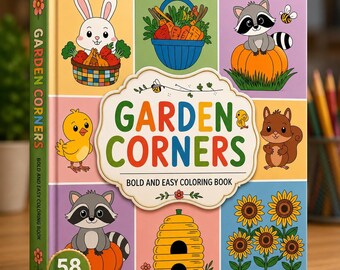 Libro da colorare facile e colorato "Garden Corners" / Animali, Fiori (Download digitale)