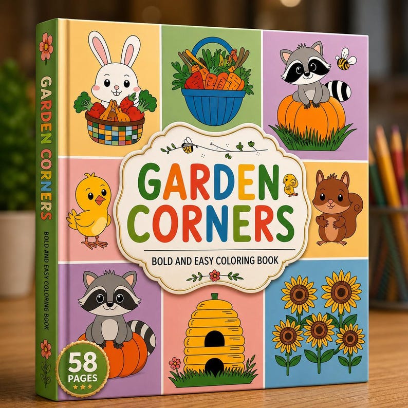 A colorful coloring book cover titled "Garden Corners Bold and Easy Coloring Book" featuring cartoon animals like a rabbit, raccoon, and squirrel, with "58 PAGES" on the bottom left.