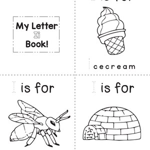 A printable coloring booklet page for the letter I showing dotted tracing text and outlines of an ice cream cone, insect, and igloo.