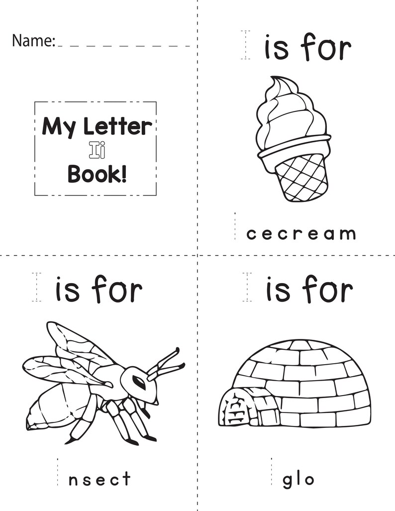 A printable coloring booklet page for the letter I showing dotted tracing text and outlines of an ice cream cone, insect, and igloo.