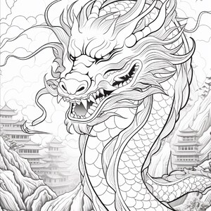 Puede incluir: Una ilustraci&oacute;n de arte lineal en blanco y negro de una cabeza de drag&oacute;n con bigotes y escamas fluidas. El drag&oacute;n est&aacute; posicionado frente a un paisaje que presenta pagodas tradicionales, monta&ntilde;as y nubes, dise&ntilde;ado como una p&aacute;gina para colorear.