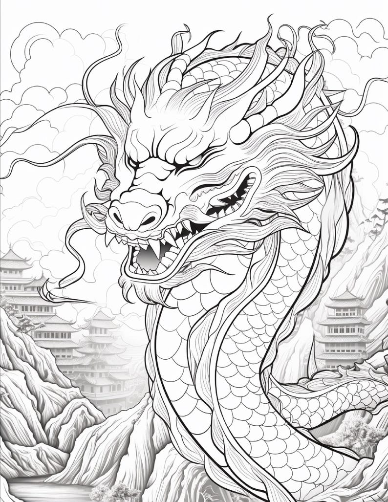 Puede incluir: Una ilustraci&oacute;n de arte lineal en blanco y negro de una cabeza de drag&oacute;n con bigotes y escamas fluidas. El drag&oacute;n est&aacute; posicionado frente a un paisaje que presenta pagodas tradicionales, monta&ntilde;as y nubes, dise&ntilde;ado como una p&aacute;gina para colorear.