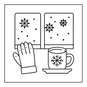 May include: A black and white line art illustration featuring a winter scene through a window with falling snowflakes. In the foreground, a single glove is positioned next to a mug on a saucer, which is decorated with a snowflake graphic design.