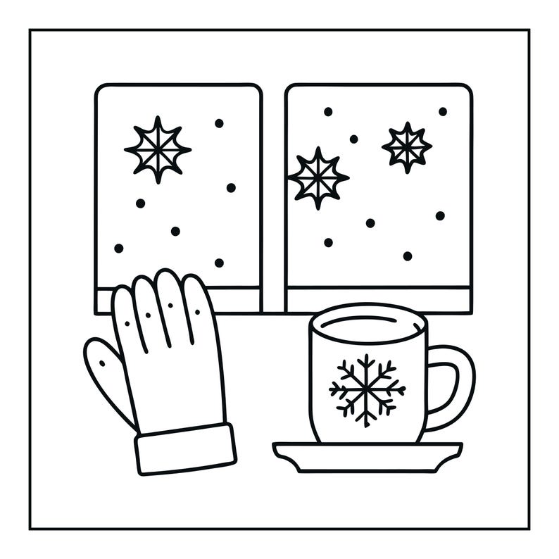 May include: A black and white line art illustration featuring a winter scene through a window with falling snowflakes. In the foreground, a single glove is positioned next to a mug on a saucer, which is decorated with a snowflake graphic design.