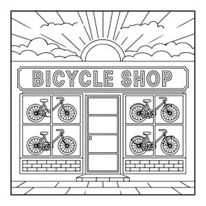 Op de afbeelding: Een zwart-wit lijntekening van een winkelpui met de tekst BICYCLE SHOP boven de ingang. De winkel heeft grote etalageruiten met vier fietsen, een centrale deur en een zonontwerp met wolken aan de bovenkant van de afbeelding.