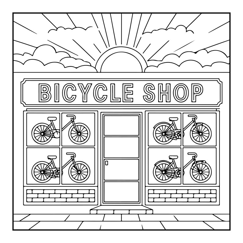 Op de afbeelding: Een zwart-wit lijntekening van een winkelpui met de tekst BICYCLE SHOP boven de ingang. De winkel heeft grote etalageruiten met vier fietsen, een centrale deur en een zonontwerp met wolken aan de bovenkant van de afbeelding.
