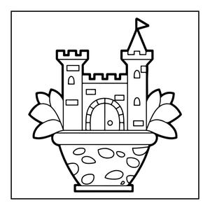 Peut inclure: Une illustration en noir et blanc au trait repr&eacute;sentant un ch&acirc;teau plac&eacute; &agrave; l'int&eacute;rieur d'un pot de fleurs large et arrondi. Le ch&acirc;teau comporte deux tours avec des cr&eacute;neaux, une porte centrale en arc et un drapeau. De grandes feuilles entourent.