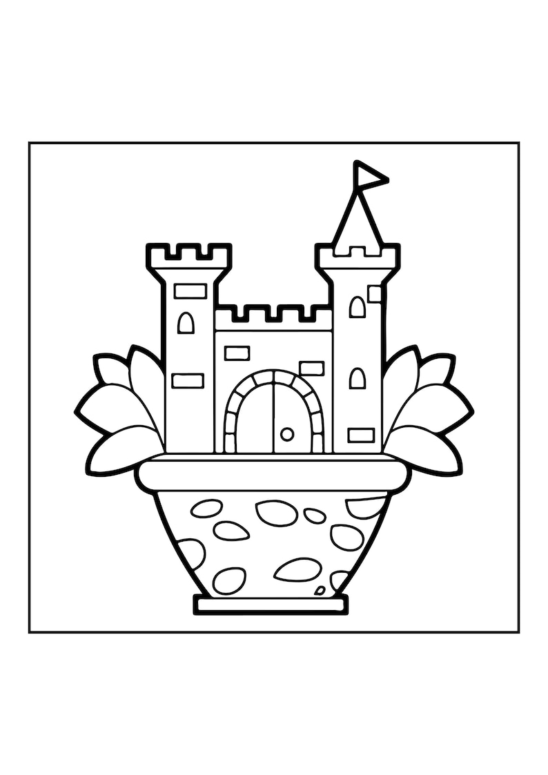 Peut inclure: Une illustration en noir et blanc au trait repr&eacute;sentant un ch&acirc;teau plac&eacute; &agrave; l'int&eacute;rieur d'un pot de fleurs large et arrondi. Le ch&acirc;teau comporte deux tours avec des cr&eacute;neaux, une porte centrale en arc et un drapeau. De grandes feuilles entourent.