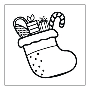 Peut inclure: Une illustration en noir et blanc au trait repr&eacute;sentant une chaussette de No&euml;l remplie de cadeaux. La chaussette pr&eacute;sente un motif &agrave; pois sur la partie inf&eacute;rieure et un revers en haut. &Agrave; l'int&eacute;rieur se trouvent deux cadeaux et une canne en sucre.