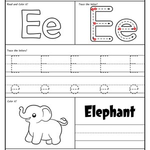 A printable worksheet page for the letter E featuring tracing steps, handwriting practice lines, a drawing of a smiling elephant, and letter matching circles.
